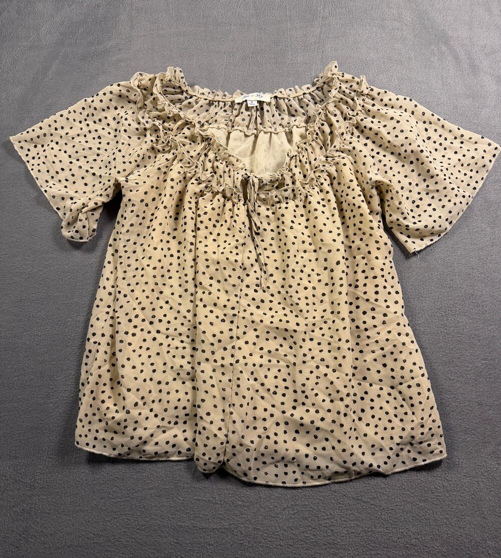 She + Sky Blouse Small Beige Polka Dot Ruffle Neck Sheer Flutter Sleeve Top